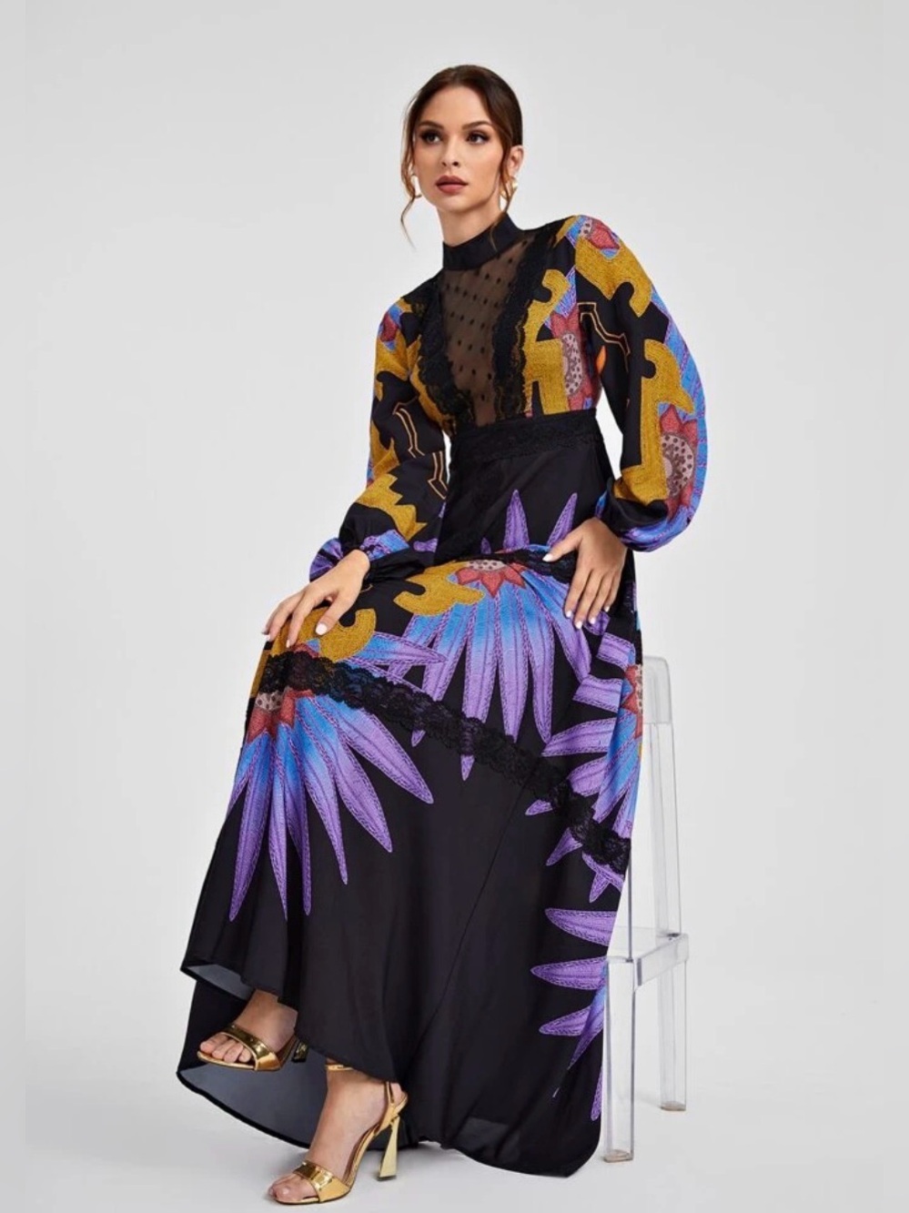 Bohemian Black Floral Maxi Dress with Purple & Mustard Accents
